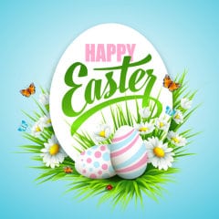 Easter poster with eggs and flowers. Vector illustration