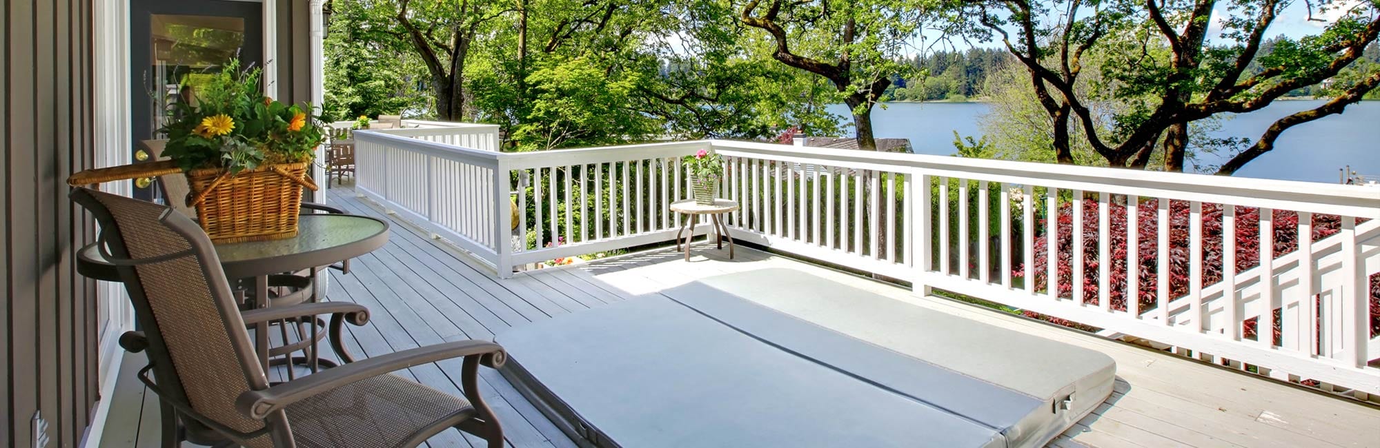 vacation home deck with lake view