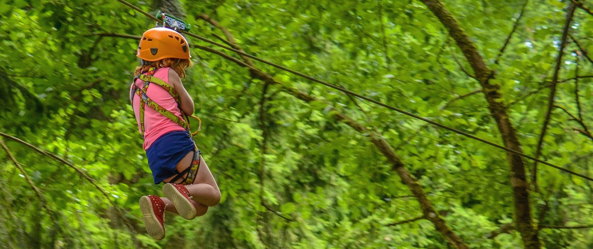 Young Girl On A Zip Line In A Forest Adventure Park